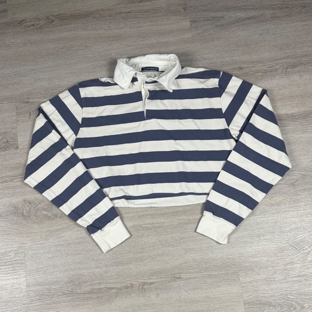 Brandy Melville Rugby Shirt Women OS Blue White Striped Cropped Long Sleeve